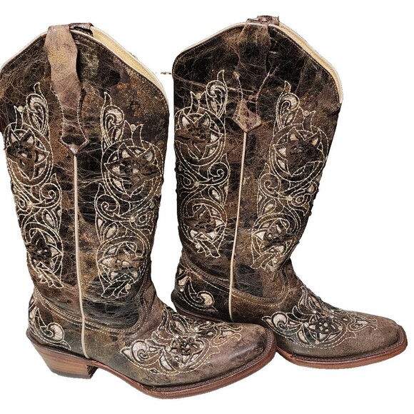 Seven Stars Cowboy Boots Size 8.5 Leather Embellished Brown Vintage - Picture 1 of 11